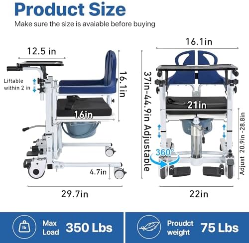 Patient Transfer Lift Chair, 350 lb Capacity, 180° Split Seat, Hydraulic Commode Wheelchair for Elderly, Bed to Toilet