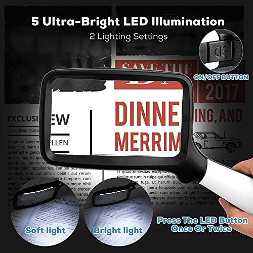 Folding Handheld Magnifying Glass with Light, 5X Large Rectangle Reading Magnifier with Dimmable LED for Seniors with Macular Degeneration, Newspaper, Books, Small Print, Lighted Gift for Low Visions