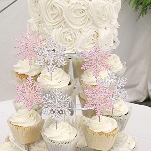 Rsstarxi 30 Pack Snowflake Cupcake Toppers Glitter Winter Frozen Theme Snowflake Cupcake Picks Decoration for Baby Shower Kids Birthday Christmas Party Decorations Supplies Silver and Pink