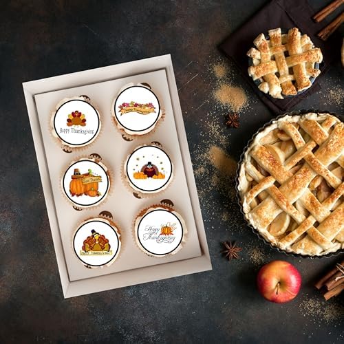 PRECUT Thanksgiving Edible Cupcake Toppers, Thanksgiving Edible Cake Decorations, Fall Party Cookie Decor, Pumpkin Cake Topper Decorations 1.5 Inch / 4cm Wafer Card Discs (12)