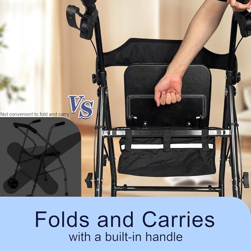 Foldable Rollator Walker with Seat for Seniors, Easy Folding & One-Hand Carry, Walkers for Seniors All-Terrain Wheels, Height Adjustable Lightweight Rolling Walker for Elderly, Black