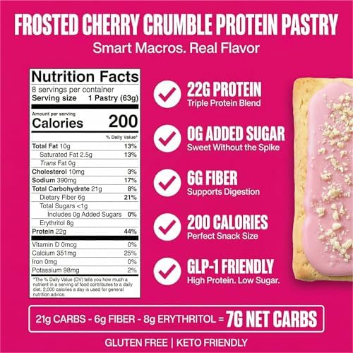 Legendary Foods 22g Protein Pastry 0g Added Sugar, Low Carb, Gluten Conscious, Keto Snack, Ideal for Glucose Management, Includes Whey Protein Isolate, 8 Pack Cherry Crumble