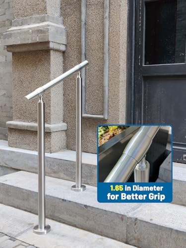 2 Step Stair Railing, Handrail for Indoor Outdoor Steps, 1.65" OD Round DIY 304 Stainless Steel Transitional Porch Deck Hand Rail with Installation Kit for Seniors, Silver, 26 x 36 in