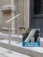 2 Step Stair Railing, Handrail for Indoor Outdoor Steps, 1.65" OD Round DIY 304 Stainless Steel Transitional Porch Deck Hand Rail with Installation Kit for Seniors, Silver, 26 x 36 in