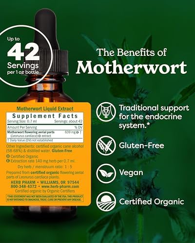 Herb Pharm Certified Organic Motherwort Liquid Extract for Endocrine System Support - 1 Ounce