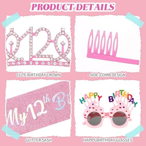 YARIEW 12th Birthday Decorations, 12th Glitter Sash and Crown Kit with Happy Birthday Sunglasses, Tiara Princess Crown and Sash Party Outfit Accessory