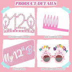 YARIEW 12th Birthday Decorations, 12th Glitter Sash and Crown Kit with Happy Birthday Sunglasses, Tiara Princess Crown and Sash Party Outfit Accessory
