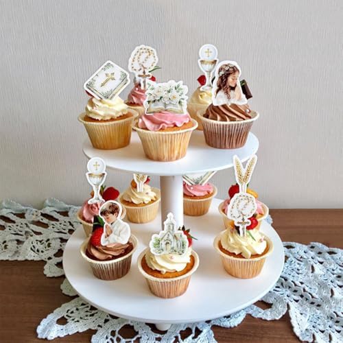 40PCS Edible Holy Grail Lily Cross Cupcake Toppers Pray Girl Boy Cupcake Picks for Baptism First Communion Party Decor Christening Celebration Religious Birthday Party Decorations Supplies