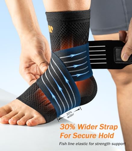 Low-Profile Ankle Braces for Women & Men, Customizable Ankle Compression Sleeve w/Wide Strap, Foot Support Wrap for Plantar Fasciitis Pain Relief, Achilles Tendonitis, Sprain, Black, 1 Pair, L