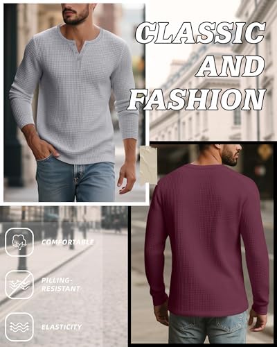 3 Pack Men’s Waffle Henley Shirts, Long Sleeve Button Tops Casual Basic T-Shirts Lightweight Knit Pullover
