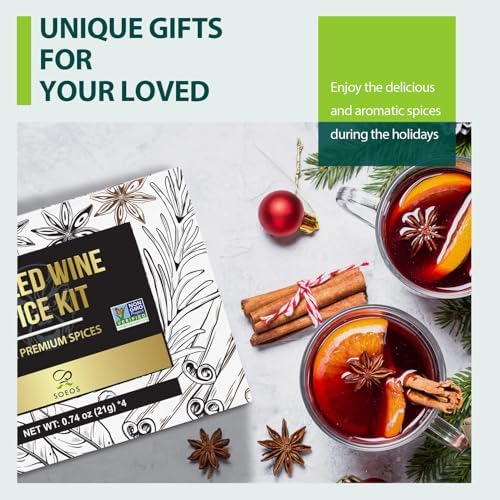 Soeos Mulled Wine Spice Kit 2.96 oz (0.74 oz*4), Mulling Spices for Wine, Apple Cider, and Tea, Mix of Six Premium Mulling Spices, Including Cinnamon, Star Anise, Cloves, Rosemary, Bay Leaf, and Nutmeg