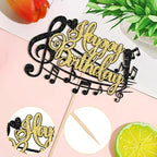 1 PCS Music Happy Birthday Cake Topper Black Gold Glitter Musical Symbol Note Microphone Music Lover Birthday Cake Pick for Concert Singer Theme Party Cake Decoration Supplies