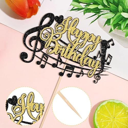 1 PCS Music Happy Birthday Cake Topper Black Gold Glitter Musical Symbol Note Microphone Music Lover Birthday Cake Pick for Concert Singer Theme Party Cake Decoration Supplies