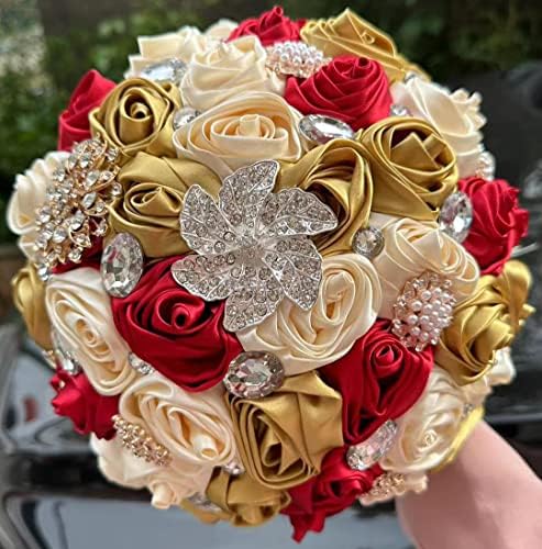 Sharebeauty 7.1" Handmade Satin Rose Bridal Bouquet Toss Round Wedding Bouquet Throw Toss Artificial Flower Bunch Dark Red + Pale Gold + Cream