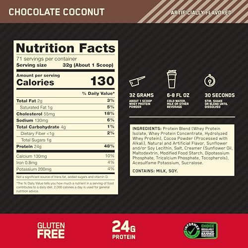 Optimum Nutrition Gold Standard 100% Whey Protein Powder, Chocolate Coconut, 5 Pound (Packaging May Vary)
