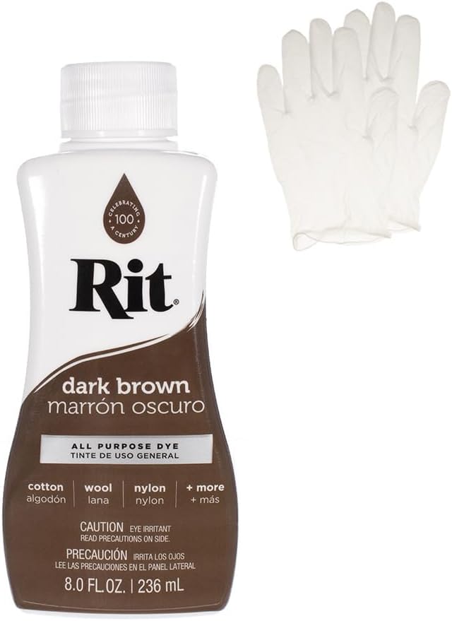 Rit Dye – Liquid Fabric Dye for Crafting, Clothing, and Décor – 8 oz. Bottle – Dark Brown (Gloves Included)