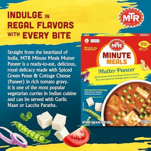 MTR - Minute Meals: Mutter Paneer - Spiced Green Peas & Cottage Cheese in Gravy - Tasty Indian Meal with No Added Preservatives - A Quick Meal Suitable for Vegetarians, Ready in Minutes! (Pack of 6)