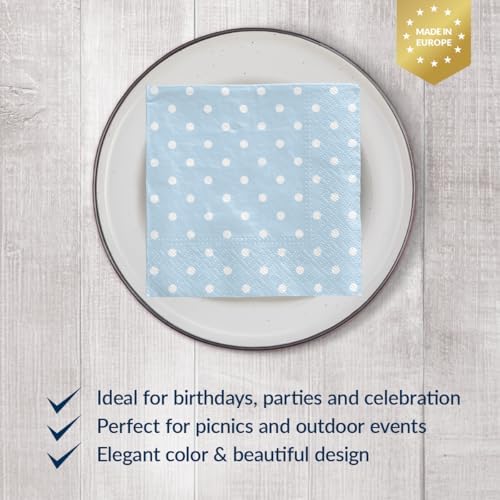 PAW - 100 Pack Baby Blue Cocktail Napkins 5'' x 5'', Disposable Beverage Napkins with Dots, Dessert Towels for Baby Shower, Gender Reveal, Wedding, Birthday, Bridal Party, Decoupage