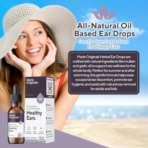 Marie Originals Natural Ear Oil Drops | Mullein Garlic Oil Ear Drops for Infection Prevention, Herbal Ear Ache Drops for Adults, Kids & Pets, Soothes Ear Pain & Wax Removal, Earache Remedies (1 Pack)