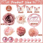 Flower Cake Toppers, Happy Birthday Rose Gold Cake Decorations with Artificial Flowers Butterfly Balls for Wedding Baby Shower Birthday Party Supplies
