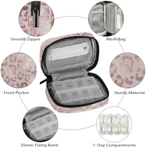 Rose Gold paw Skin Pill Case Everyday Travel, 7 Day Weekly Medicine Pill Box Compact Portable Pills Bottle Organizer with Zipper for Daily Vitamin Medicine Holder Bottle Organizers Bag