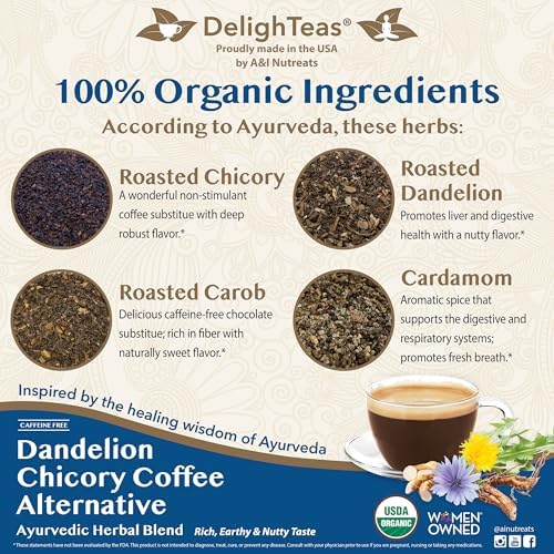 DelighTeas Organic Coffee Alternative | Ayurvedic Herbal Chicory Dandelion Coffee | Coffee Substitute | USDA Organic, Caffeine Free, Gluten Free | With Sweet Notes of Carob | 50 servings, 6oz.