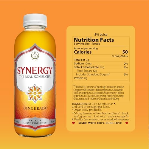 SYNERGY The Real Kombucha - Gingerade - 16 fl oz Bottle - Raw Probiotic Drink for Gut Health and Immune Support