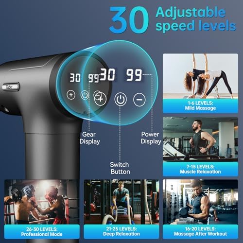 Gvber Massage Gun Deep Tissue, Handheld Percussion Back Massager for Athletes with 6 Attachments & 30 Speed (Grey)
