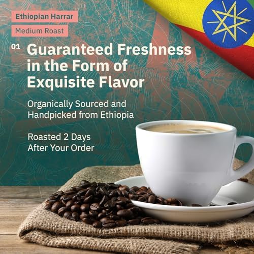 Organic Specialty Whole Bean Coffee - Freshly Roasted to Order - Medium Roast, 1 lb Bag Single Origin Ethiopian Harrar Coffee Beans - Farm Direct, Chocolate & Fruity Notes