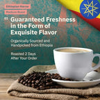 Organic Specialty Whole Bean Coffee - Freshly Roasted to Order - Medium Roast, 1 lb Bag Single Origin Ethiopian Harrar Coffee Beans - Farm Direct, Chocolate & Fruity Notes