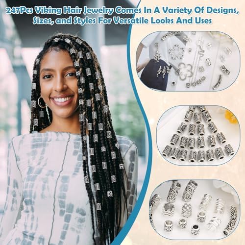 247Pcs Viking Hair Accessories Norse Runes Tube Beads Metal Cuffs Clips Rings, Dreadlock Beads Braids Locs Hair Jewelry Set for Women Men Beard Decoration Bracelets Necklace DIY Silver