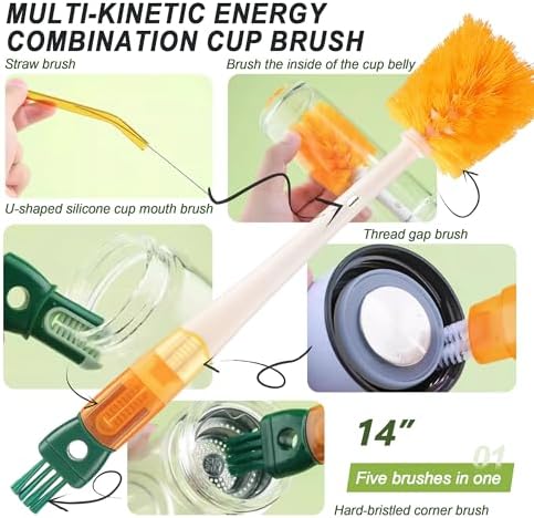 9Pcs Bottle Cleaning Brush Set with Long Handle, Nylon Tube Brush Cup Cleaner, Straw Brushes for Washing Narrow Neck Water Bottle Pipes Kettle Spout Cleaning