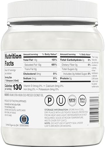 Viva Naturals Organic Coconut Oil, 54 fl oz – Unrefined, Cold-Pressed Extra Virgin Coconut Oil, USDA Organic & Non-GMO, Natural Cooking Oil, Hair Oil & Skin Oil