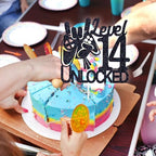 Tivurcia Level 14 Unlocked Cake Topper, Video Game Boys 14th Birthday Cake Decorations, Bruh I'm Fourteen, Level Up Winner Birthday Party Decoration Supplies, Black Glitter