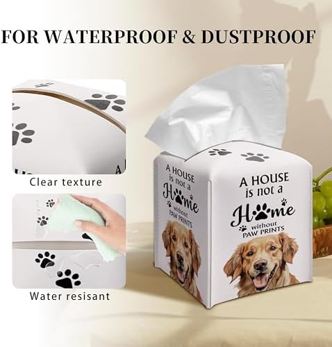 Grace Yonks Cute Golden Retriever Tissue Box Cover Square, Golden Retriever Dog Cube Case for Facial Tissues, 5.2" PU Leather(031)