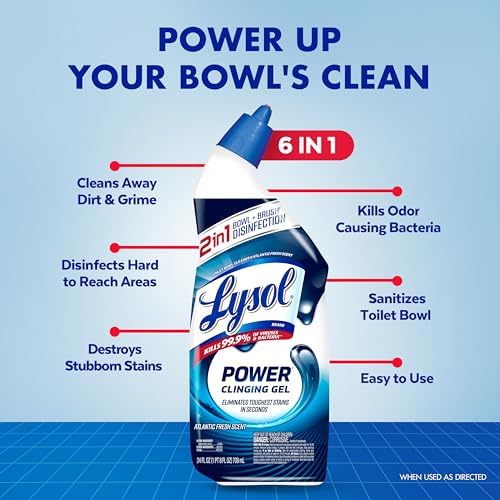 Lysol Toilet Bowl Cleaner, Max Strength Bathroom Cleaning Supplies, Toilet Bowl Cleaner Clinging Gel, Home Essential, Instant Stain Removal, Disinfecting and Deodorizing, Bleach Free, 24 oz (2 ct)
