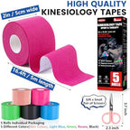 5 Rolls Kinesiology Tape, 5 Colors 2 inch x 16.4 Feet Waterproof Athletic Tape, Uncut Kinetic Tape, Elastic Muscle Tape, Sports Tape, Knee Tape for Exercise and Daily Use