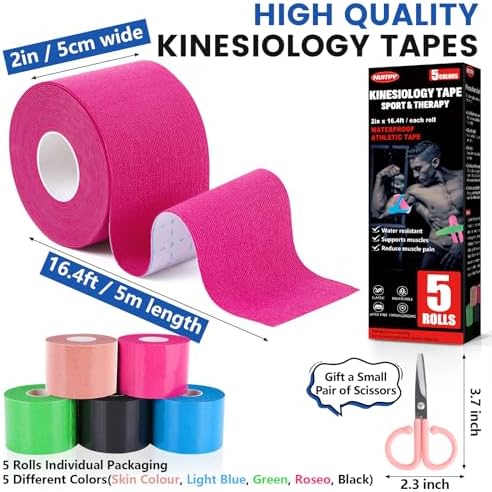 5 Rolls Kinesiology Tape, 5 Colors 2 inch x 16.4 Feet Waterproof Athletic Tape, Uncut Kinetic Tape, Elastic Muscle Tape, Sports Tape, Knee Tape for Exercise and Daily Use