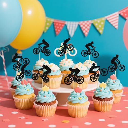 24Pcs Bike Cupcake Topper Bicycle Cupcake Topper Mountain Bike Birthday Party Decoration Sport Theme Birthday Bachelorette Party Supplies Double-Side Black Glitter