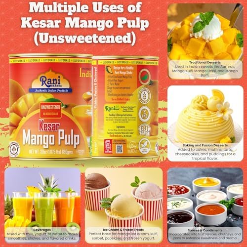 Rani Mango Pulp Puree (Makes Mango Lassi Shakes) Kesar Unsweetened 30oz (1.875lbs) 850g ~ Kosher | All Natural | NON-GMO | Vegan | No colors | Gluten Friendly | Indian Origin