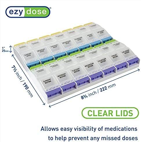 EZY DOSE Weekly (7-Day) Pill Organizer, Vitamin Container, and Daily Medicine Planner, 2X-Large Push Button Compartments, Arthritis Friendly, Easy to Use, 4 Times a Day, Clear Lids, BPA Free