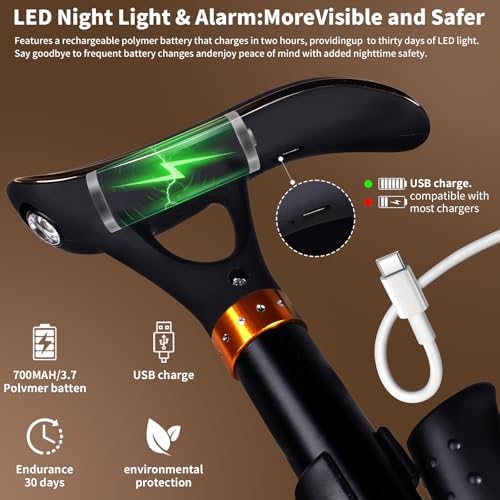Smart Alarm Walking Cane for Men & Women, Foldable with LED Light, Ergonomic Handle and Shock-absorbingbase Stable and Easy to Store