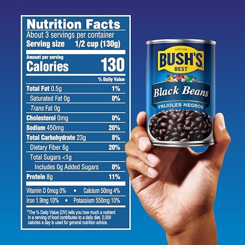 BUSH'S BEST 15 oz Canned Black Beans, Source of Plant Based Protein and Fiber, Low Fat, Gluten Free, (Pack of 12)