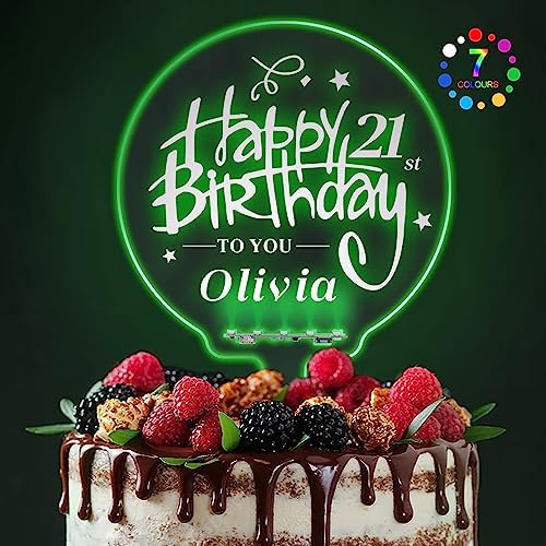 LED Personalized Happy Birthday Cake Toppers 7 Colour Changes Light Up Cake Topper Acrylic Cake Toppers Cake Decorations for 1st 16th 18th 20th 21st 30th 40th 50th 60th 70th(Design 2)