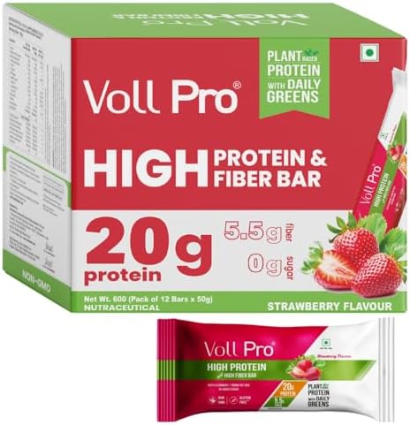 Voll Pro Plant Protein Bar with Daily Greens - High Protein 20g, Fiber 5.5g, 0g Sugar - Strawberry Flavour- Non-GMO- Gluten & Trans Fat Free-Crunchy, Delicious Nutrient-Rich Protein Bars,(50g X 12 Bar) -Pack Of 12 Bar