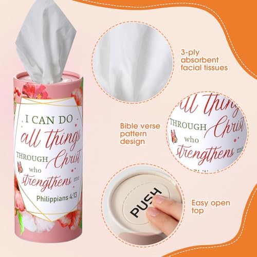 Outus 12 Pack Car Tissue Holder Cylinder, Decorative Round Tissue Box for Car Cup Holder, Refillable Facial Tissues with Floral Bible Verse Design for Home Office Travel