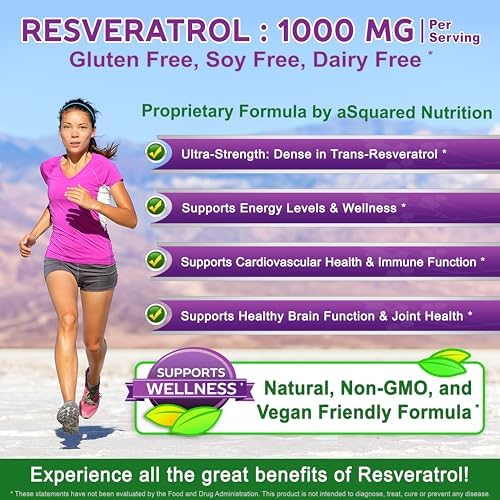 100% Natural Resveratrol - 1000mg Per Serving Max Strength (180 Capsules) Antioxidant Supplement, Trans-Resveratrol Pills for Heart Health & Pure, Polyphenols