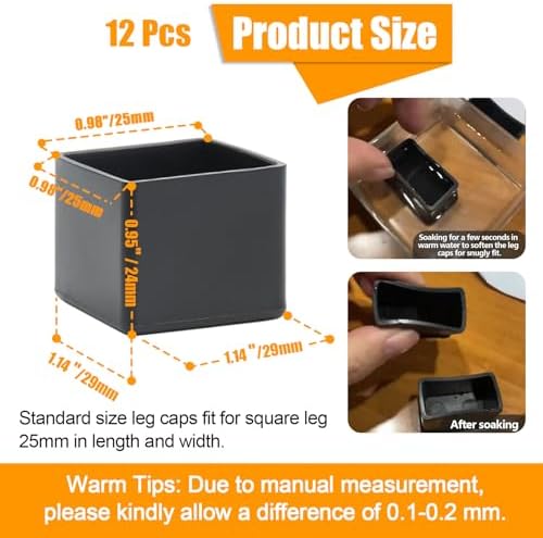 12PCS Square Rubber Furniture Leg Caps 1 Inch x 1 Inch Square Chair Leg Caps Covers Black Furniture Foot Table Chair Leg End Cap, Anti-Slip Chair Leg Floor Protectors, Black