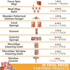 Macrofresh MacroMax 14-Pc Home Cleaning Kit: Hands-Free Pedal Spin Mop & Bucket System, 5 Microfiber Refills, Microfiber Cloths, Glass Cloths, Multi-Color Sponges & Hangers