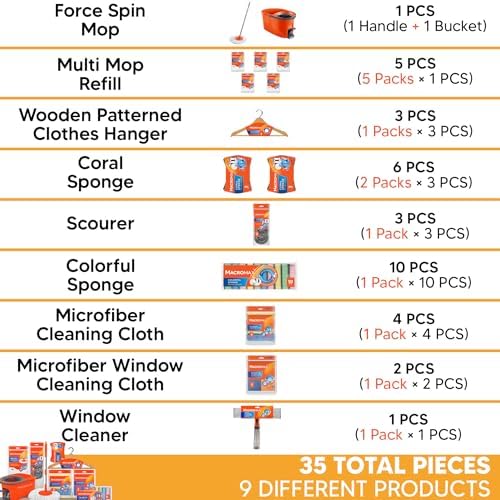 Macrofresh MacroMax 14-Pc Home Cleaning Kit: Hands-Free Pedal Spin Mop & Bucket System, 5 Microfiber Refills, Microfiber Cloths, Glass Cloths, Multi-Color Sponges & Hangers